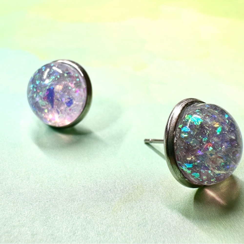 Handmade Holographic Glitter 12mm Silver Earrings